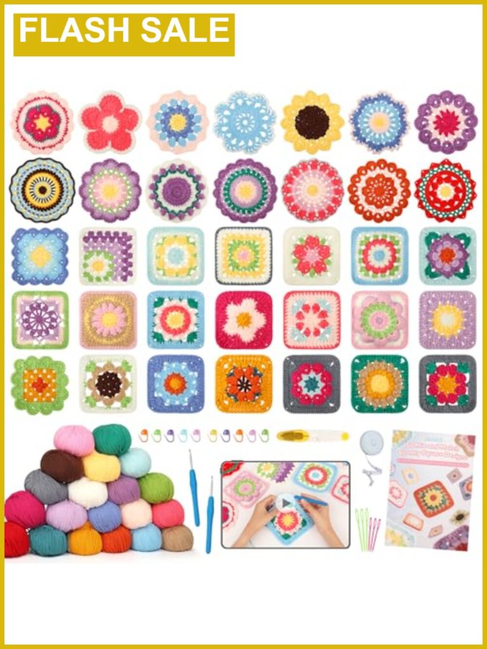Crochet Kit for Beginners 50 Granny Squares Flower Coaster Video Tutorials
